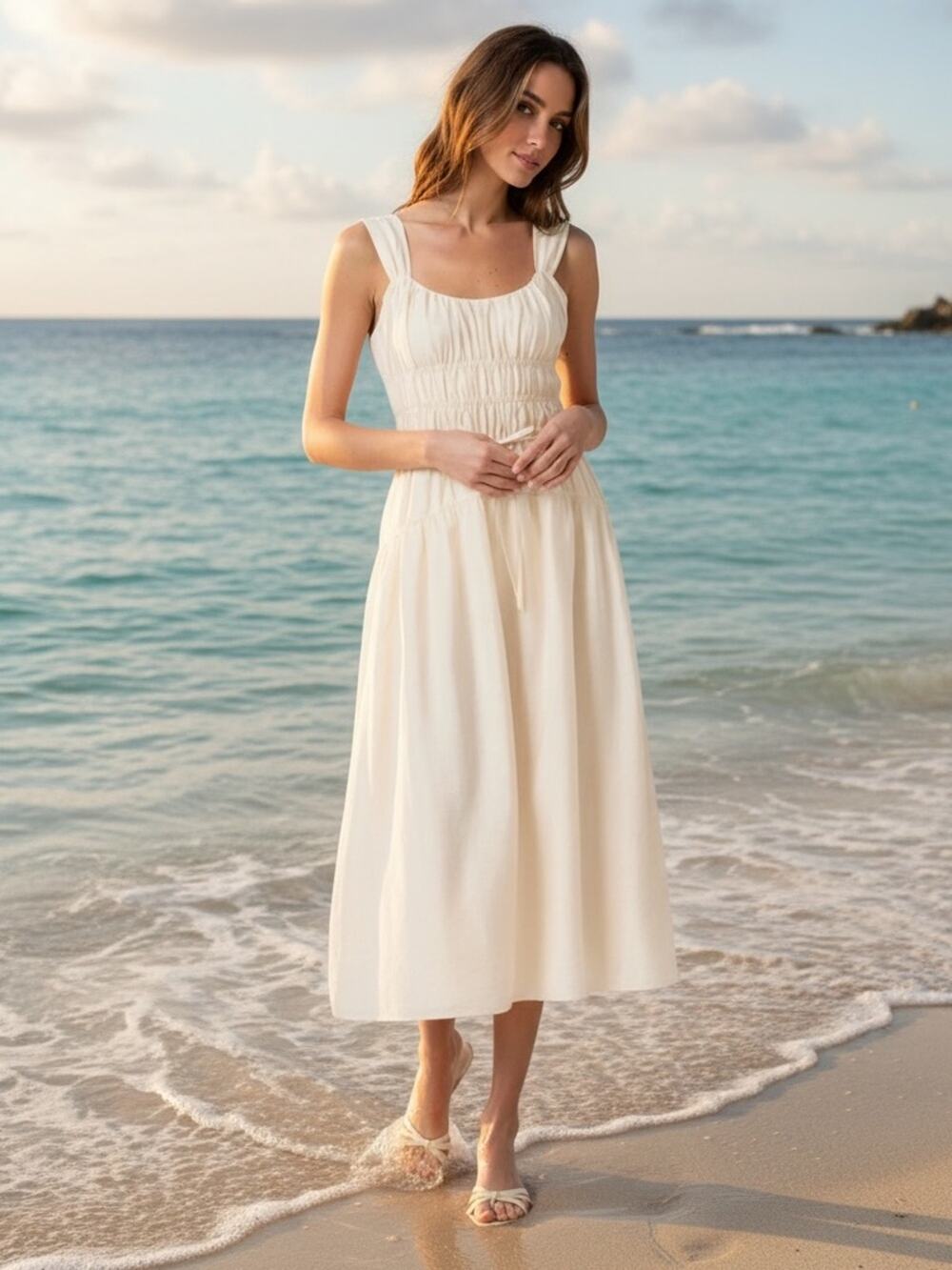 Paige Arpeggio Smock Bodice Dress Midi Dress Oyster White Size 10 NWT